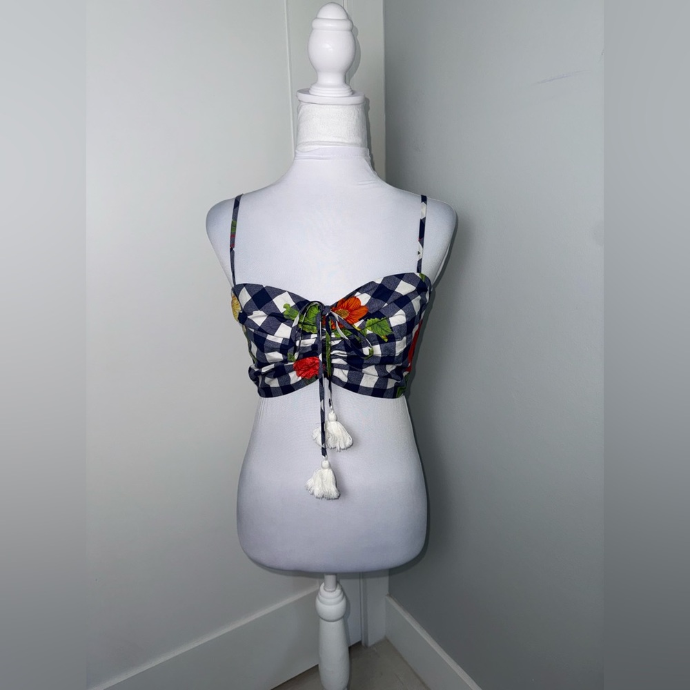 Cara Cara Ruched Sweetheart Cotton Crop Top Gingham Floral Navy/Size XS - Picture 3 of 10